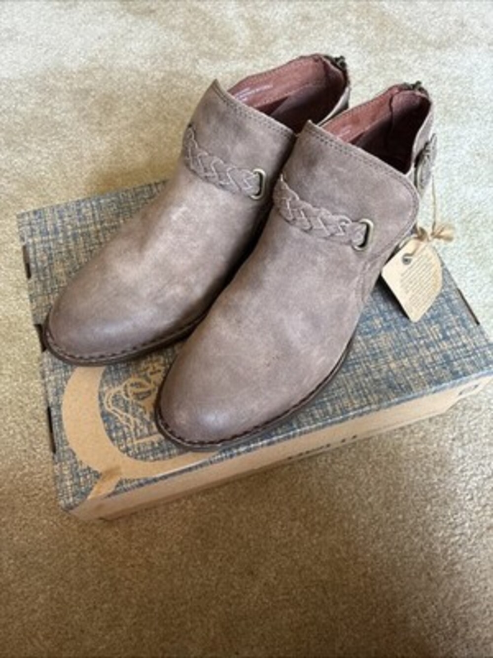Born Womens Sylvia Boots Size 9.5 Taupe Suede Distressed Braided Strap Booties